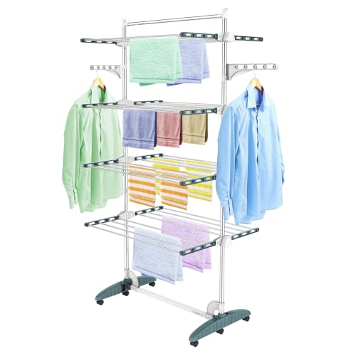 Todeco Séchoir à Linge Pliant à 4 Niveaux, Etendoir à Linge intérieur en Acier Inoxydable, Sèche-Linge 2tendoir Pliable avec Barre Supérieure, Ailes réglables en Hauteur pour Terrasse Jardin, Sarcelle