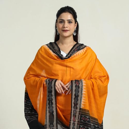 Image of Cotton Dupatta with weaving and Ikat woven border from the Weavers Stole for Girls & Women