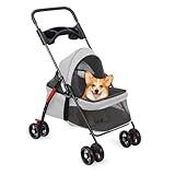 Pet Stroller for Small Dogs & Cats, Folding Dog Carrier with 360° Rotatable Front Wheels, Dual Anti-Release Buckle, 180° Adjustable Canopy, Comfortable Mesh, Cup Holder Grey