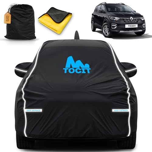 Image of Tocit Triber Waterproof Long Life Car Cover with Safety Glow Reflective Strap, Premium Stretchable Velvet Velour Fabric, Machine Washable, Tri-Stitch Custom Fit with Mirror & Antenna Pocket