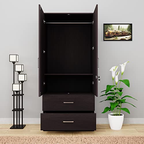 Image of VIKI Wardrobe | Wooden Almirah for Clothes,Door for Bedroom, 2 Door Wardrobe with Drawer, Mirror & Hanging Space (Dark Wenge - 40D x 80W x 180H) | 1 Year Warranty | Free Assembly