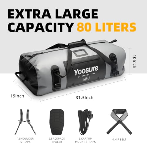 Image of 80L Waterproof Duffel Bag Motorcycle Dry Bag Backpack, Waterproof Zippered Bags with Backpack Spacer Pad for Kayaking Rafting Boating Canoeing Camping Paddle Beach (Grey)