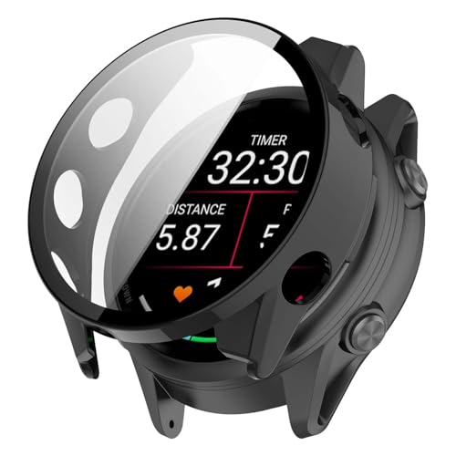 For Garmin Forerunner 570 47mm �p �P�[�X YAJOJO �ی� �K���X�t�B���� ��̌^ �J�o�[ �X�}�[�g�E�H�b�` 3D�Ȗʋ����t�B���� �����G�b�W�^�b�` �h�C�菝 �h�Ռ� �����h�~ �S�ʕی� ���E�ȒP �y�u���b�N�z