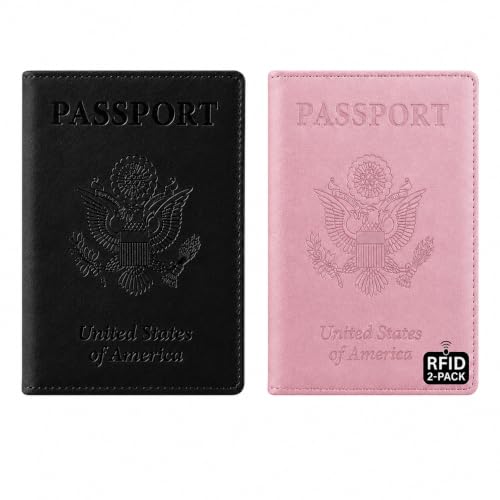 Ciana Passport Holder for Travel – PU Leather Passport Cover and Card Holder for Men & Women – Slim Passport Holder with Card Protector Slot, Travel Must Haves (Black & Pink)