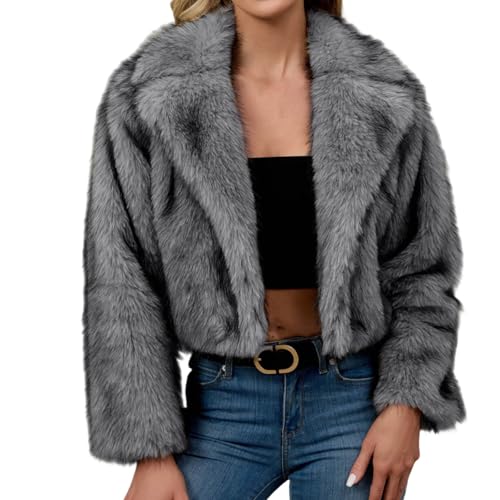 Gefomuofe Abrigo de piel sintética para mujer, chaqueta corta de piel sintética, abrigo de pelo sintético, manga larga, abrigo de invierno, parka grueso, chaqueta de invierno, gris, M