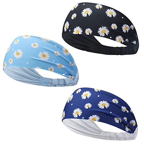 ヘッドバンド - スポーツヘアバンド スポーツターバン 運動ヘッドバンド ターバン 汗止め ターバン風ヘアバンド ヘアアクセサリー 吸汗速乾 抗菌防臭 バンダナ レディース メンズ ジョギング 自転車 スポーツ用 (デイジー#3枚セット)