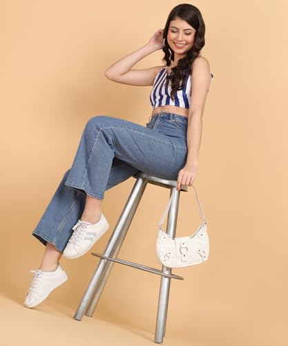 Image of POPWINGS Women Casual Blue & White Stripe Print Strap Crop Top