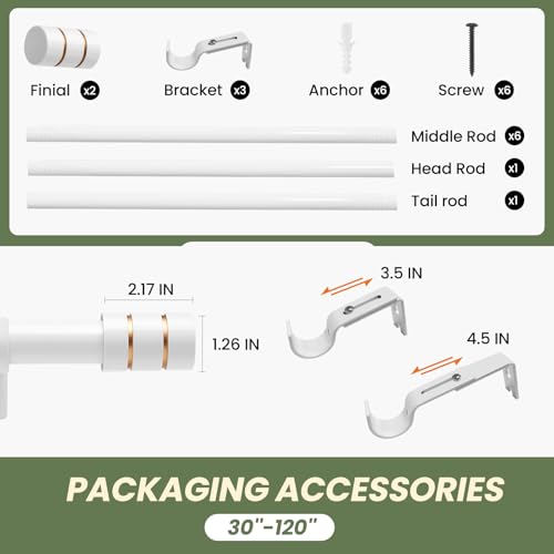 Image of Long Curtain Rods for Windows 66 to120 Inch Heavy Duty White Curtain Rods Splicing Set with Easy Installation for Sliding Glass Door Living Room Patio Modern Design