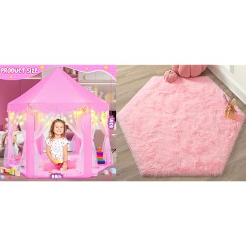 KIXINWA Pink Princess Tent with Small Star Lights and Pink Princess Rug Cover