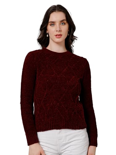 Image of Cantabil Self Design Maroon Round Neck Full Sleeves Regular Fit Women Casual Sweater | Casual Winter Sweater for Women | Ladies Sweater for Winter Wear (P LSWT00071 Maroon)