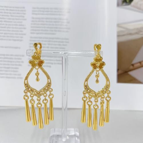 Aretes étnicos dorados con clip y borlas largas miniatura 5