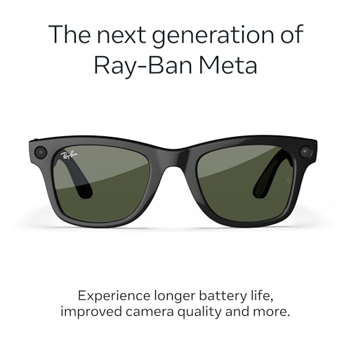 Image of Ray-Ban Meta (Gen 2), Wayfarer, Shiny Black | Smart AI Glasses for Men, Women. 2X Battery Life. 3K Ultra HD Resolution. 12 MP Ultra-Wide Camera, Audio, Video. Green Lenses
