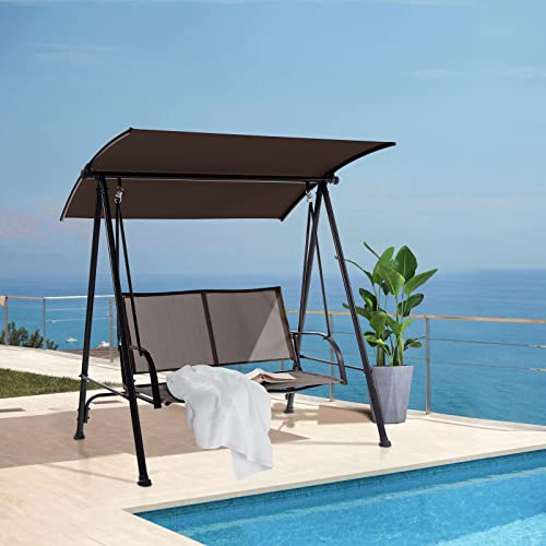 Image of Tangkula 2 Person Porch Swing, Patio Swing with Adjustable Canopy, Comfortable Fabric Seat & Heavy-Duty Steel Frame, Outdoor Canopy Swing for Patio, Garden, Poolside (Dark Brown)
