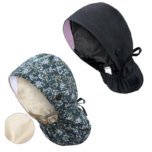 Image of Satin Lined Scrub Cap for Women, Bouffant Nurse Cap with Sweatband and Buttons, Adjustable Surgical Hat for Curly Hair, Braids, Long Hair and Buns