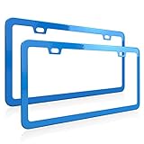 Deselen Blue License Plate Frame, Metal Thin Stainless Steel with 2 Holes Screw Cap, 2 Pack (Blue)