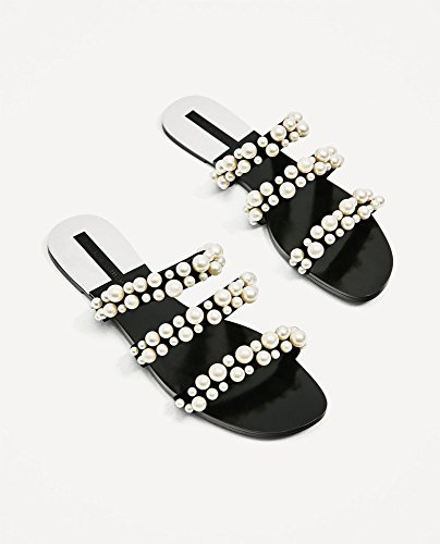 YFJBHDIAN Zapatos de mujer verano de una sola pieza cinturón fino de gamuza con cuentas sandalias de metal playa zapatillas planas Cover