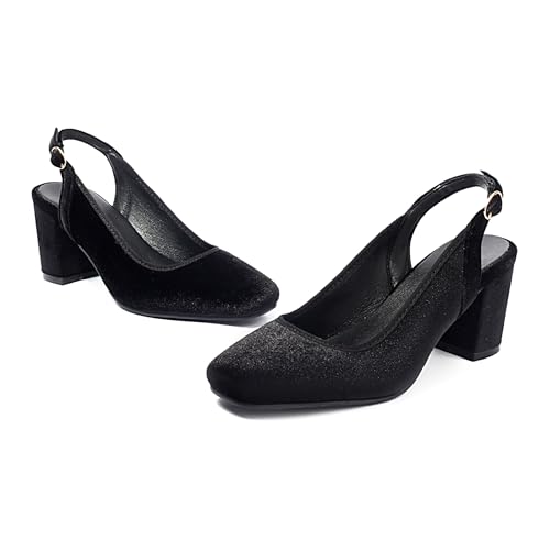 Women's Slingback Chunky Heels 1950s Closed Toe Mary Jane Pumps Shoes Black Green Velvet Buckle Strap Wide Platform Wedding Dress Shoes2