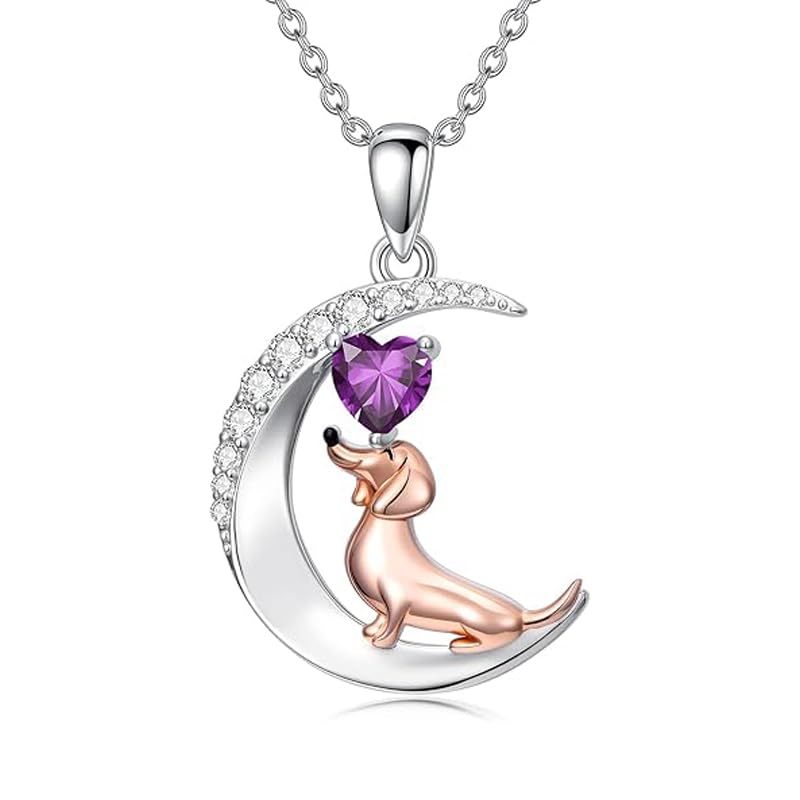 ROMANTICWORK Dackel Halskette für Frauen 925er Sterlingsilber Dachshund Kette mit Geburtsstein 1-12 Monat Dackel Anhänger Sausage Dog Tier Schmuck Dackel Geschenke für Damen