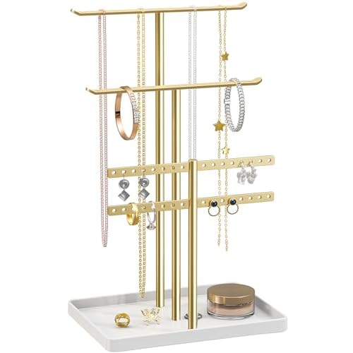 pickpiff Jewelry Stand Holder Organizer: 14.5″ Sturdy Hanger for 80 Pcs Jewelry, Gift for Women, Gold Jewlery Tower for Necklace, Earring, Bracelet