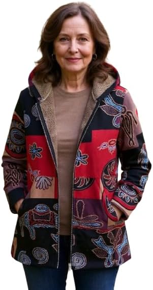 Womens Winter Hooded Jacket Ethnic Patchwork Zip Up Coat Plus Size Fuzzy Lined Warm Outerwear Casual Vintage Style