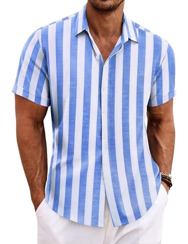 COOFANDY Mens Hawaiian Shirts Striped Short Sleeve Summer Shirt Casual Tropical Holiday T Shirts Blue Stripes L