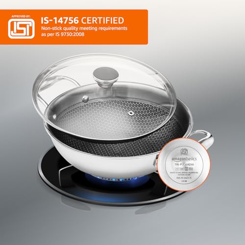 Amazon Basics Non-Stick Honeycomb Triply Stainless Steel Kadhai with Glass Lid, 24 cm - 2.7L, Fast & Even Heating, Induction & Gas Compatible - Image 3