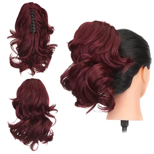 Gairyan 12" Clip in Ponytail Hair Extensions Curly Ponytail Extension Claw on Pony tails Wavy Synthetic Hairpieces for Women Real Look Short Wave (Wine Red)
