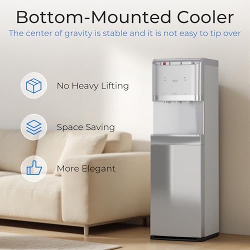 Image of Tehanld Bottom Loading Water Cooler Dispenser for 5 Gallon Bottles,Stainless Steel Water Cooler with 3 Temperature -Hot, Cold & Room,Child Safety Lock,Ideal for Home and Office, Satin Silver