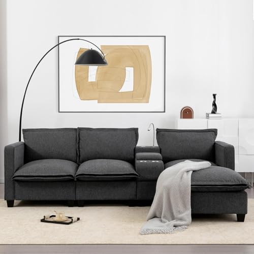 Sweiko Sofá Modular Moderno, Sofá de 3 plazas de Chenille con almacenamiento, sofá de salón con punto de carga USB, lector electrónico, portabebidas y puf (Gray)