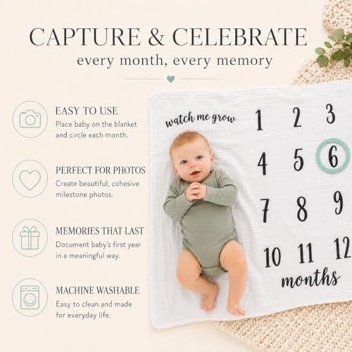 Image of Kate & Milo Baby Milestone Blanket with Monthly Markers, Muslin Cotton Infant Photo Prop Blanket for Newborn Photos and First Year Milestones