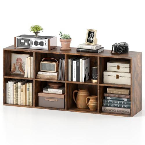 Tangkula 8-Cube Bookcase Large Floor Standing Horizontal Bookshelf with 8 Open Shelves & 2 Anti-Tipping Kits Home Office Wooden Storage Book Shelf for Living Room Study (Rustic Brown 8-Cube)