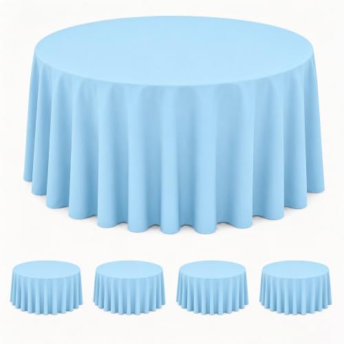 Image of WNINK 4 Pack Light Blue Round Tablecloth, 84 Inch Disposable Plastic Table Covers, Light Blue Round Table Cover for Birthday Parties, Holiday, Picnic, BBQ, Family Gathering Party Supplies
