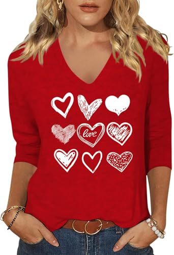 Image of Womens 3 /4 Sleeve V Neck Valentine T Shirts Love Heart Printed Graphic Tee Tops