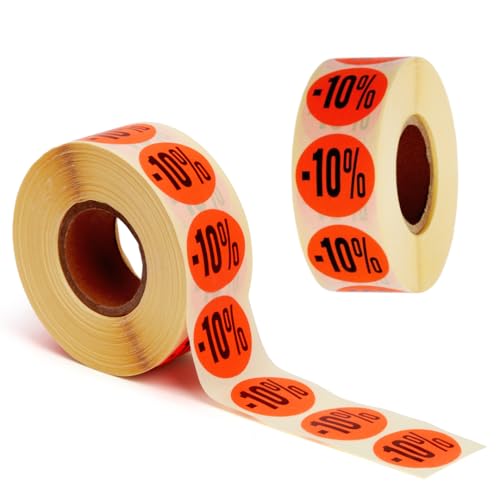 Etiquetas POKORNYS -10% autoadhesivas de descuento redondas en color rojo de Ø 32mm