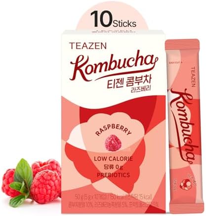 TEAZEN Kombucha Tea, Zero Sugar, Sparkling Fermented Powdered Mix Beverage from Korea, Live Probiotics & Prebiotics (Raspberry)