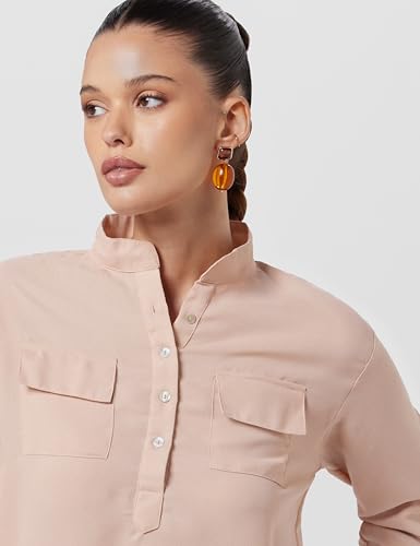 Image of Miss Chase Women's Beige and Orange Round Neck 3 /4 Sleeves Solid Colorblock Mini Shift Dress