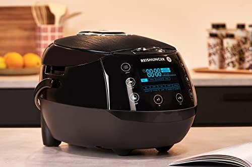 Reishunger Digital Rice Cooker & Rice Steamer (1.5 litres for 8 people), Black, 7-Phase Fuzzy Logic Tech, durable Ceramic Bowl, Multi Cooker with 12 Programmes, Keep Warm Function & Timer