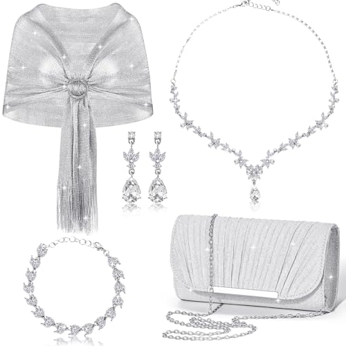 Hicarer Sparkling Shawls and Wraps with Buckle, Clutch Bag and Earring Necklace Bracelet Set for Women Evening Dresses (Silver)