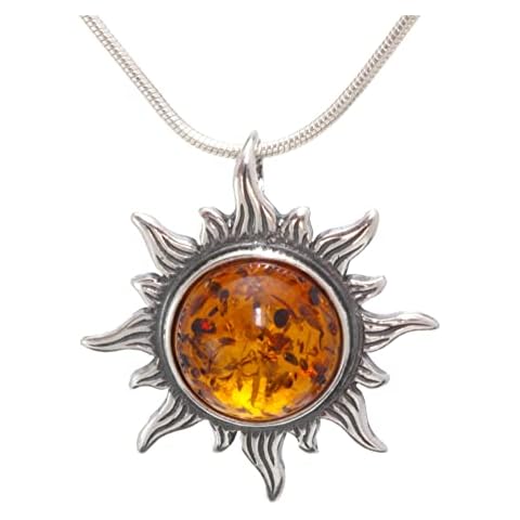 NATURAL BALTIC AMBER STERLING SILVER 925 NECKLACE PENDANT Gemstone Cognac Small Sun Pendant For Women & Silver Adjustable CHAIN Snake 45cm - 50 cm, Gift set Cover