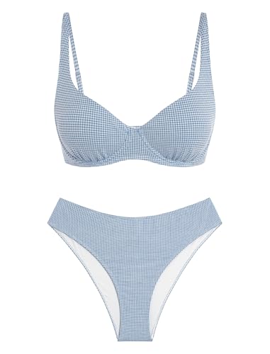 ZAFUL Blue Underwire Bikini Womens Gingham Bikini Sets...