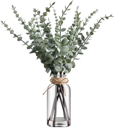 Artificial Eucalyptus Stems in Glass Vase with Hemp Rope and Faux...
