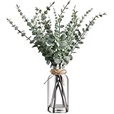 Artificial Eucalyptus Stems in Glass Vase with Hemp Rope and Faux Water 17.5inches Table Decorations Fake Greenery Plants Stems Fake Plants Leaves for Farmhouse Livingroom Bathroom, Light Green