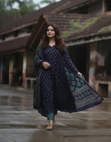Image of ANNI Designer Women's Rayon Viscose Anarkali Kurta Set with Pant and Dupatta | Stylish Long Kurti Dress for Festive, Party, and Ethnic Wear