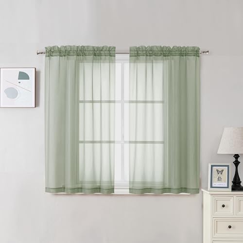 Image of OVZME 2 Panels Window Sage Green Sheer Curtains 42 inch x 45 inch Inches for Small Windows, Soft Touching Top Dual Rod Pocket Drapes for Living Room & Bedroom