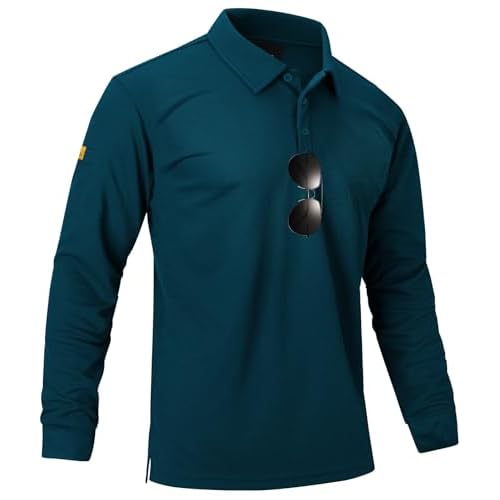 ZITY Men's Long Sleeve Polo Shirts 3 Button Down with Pocket Classic Golf Breathable Solid Color Designed Collared Casual Tee Dark Teal Blue XX-Large