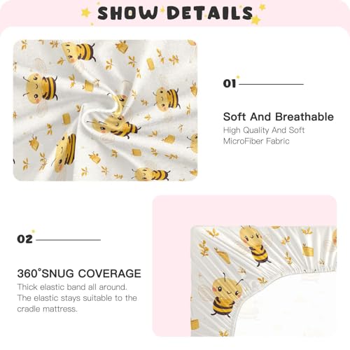 Image of Fitted Crib Sheets Yellow Bee Holding Honey Pot Stretchy Portable Playard Sheets for Baby Toddler, Breathable Soft Mini Crib Mattress 39 x 27 in for Boys and Girls