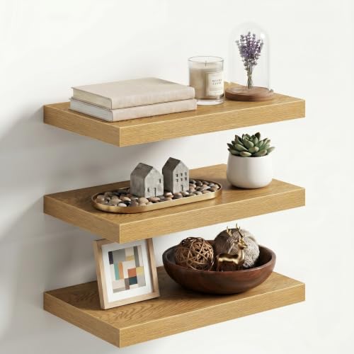 Image of Fun Memories 20 x 12 Inch Deep Floating Shelves, 12 Inch Deep Rustic Wooden Wall Shelves, Extra Deep & Heavy Duty Hanging Shelves for Living Room,Bedroom, Bathroom, Set of 3 (Oak)