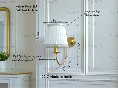Image of Prop It Up Vintage Wall Sconce Light with White Fabric Shade for Home, Golden Antique Finish Wall lamp for Bedroom, E27 Holder, Metal Frame, Indoor Lighting, Bulb not Included