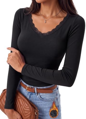 IWOLLENCE Thermounterwäsche Damen Top mit Spitze | Langarmshirt Damen V-Ausschnitt Thermo Unterhemd Elegant Thermooberteile für Alltag Layern Thermo Pullover Winter