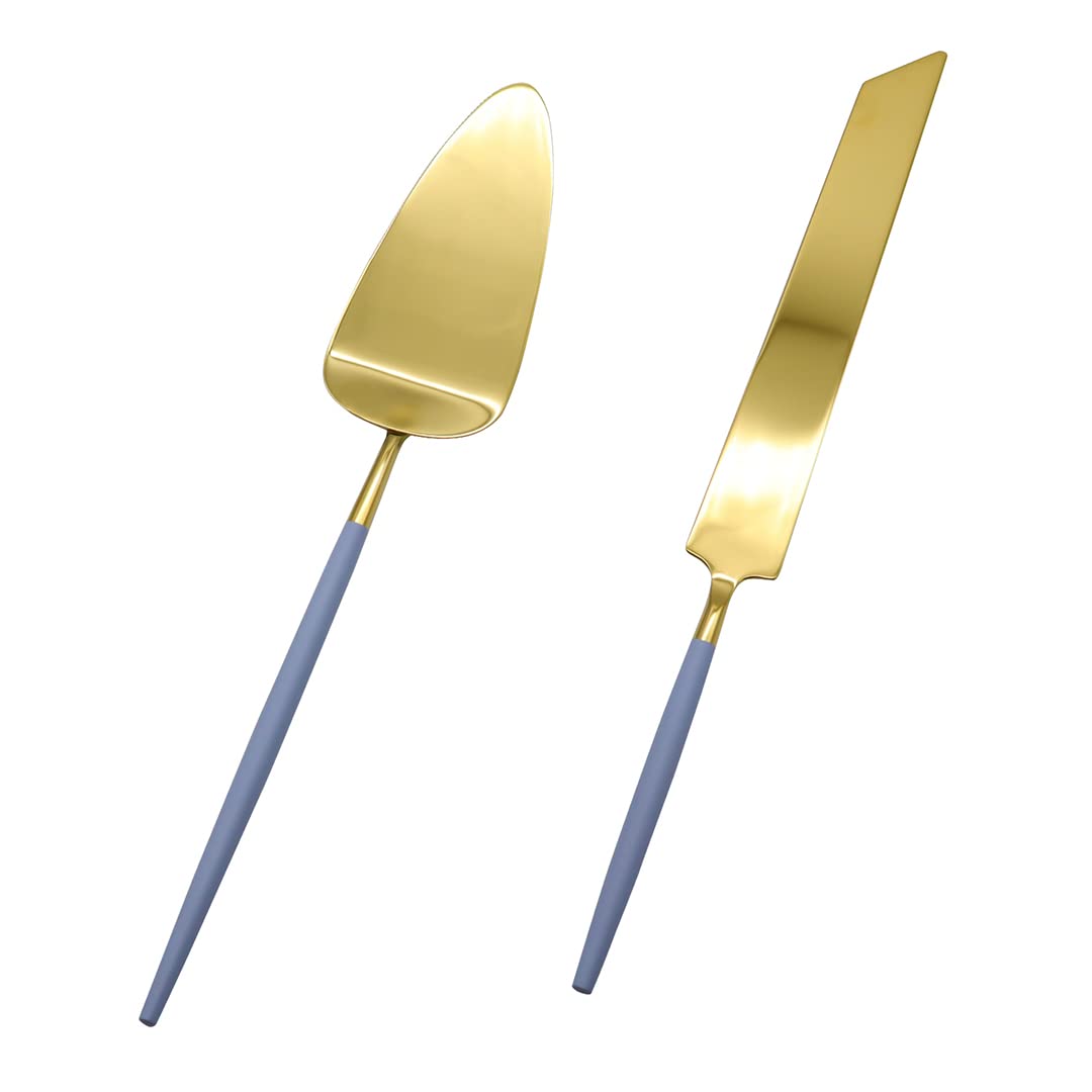 Koyal Wholesale Moderno juego de cuchillos y servidor para tartas de boda, cortador de pastel dorado y servidor de 2 piezas con mango azul polvoriento